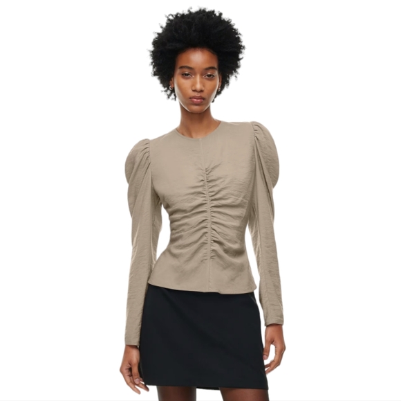 Aritzia Wilfred Henrietta Ruched Blouse Taupe Women's 4 - Picture 3 of 8